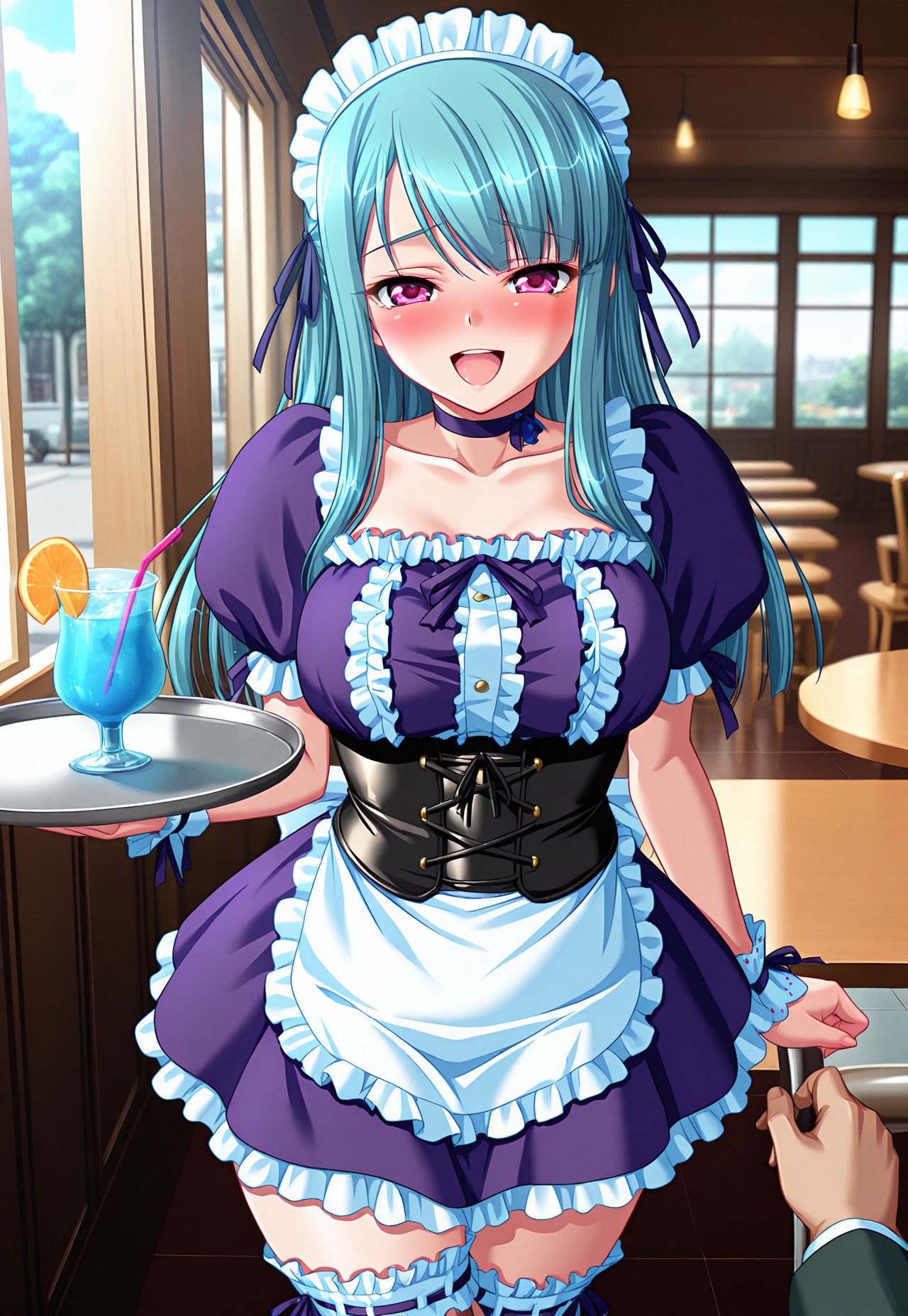 masterpiece,best quality,amazing quality,absurdres,very aesthetic,tkmsaya, 1girl, long hair, jacket, ribbon, hair ribbon, ribbon, maid, maid_outfit1, bridal garter, frills, maid headdress, thighhighs, apron, wrist cuffs, back ribbon, choker, puffy sleeves, short sleeves, purple dress, dress, black corset, frilled dress, holding tray, cocktail, cafe, day, depth of field, blush, smile, open mouth, looking at viewer, 1boy, pov, table, 