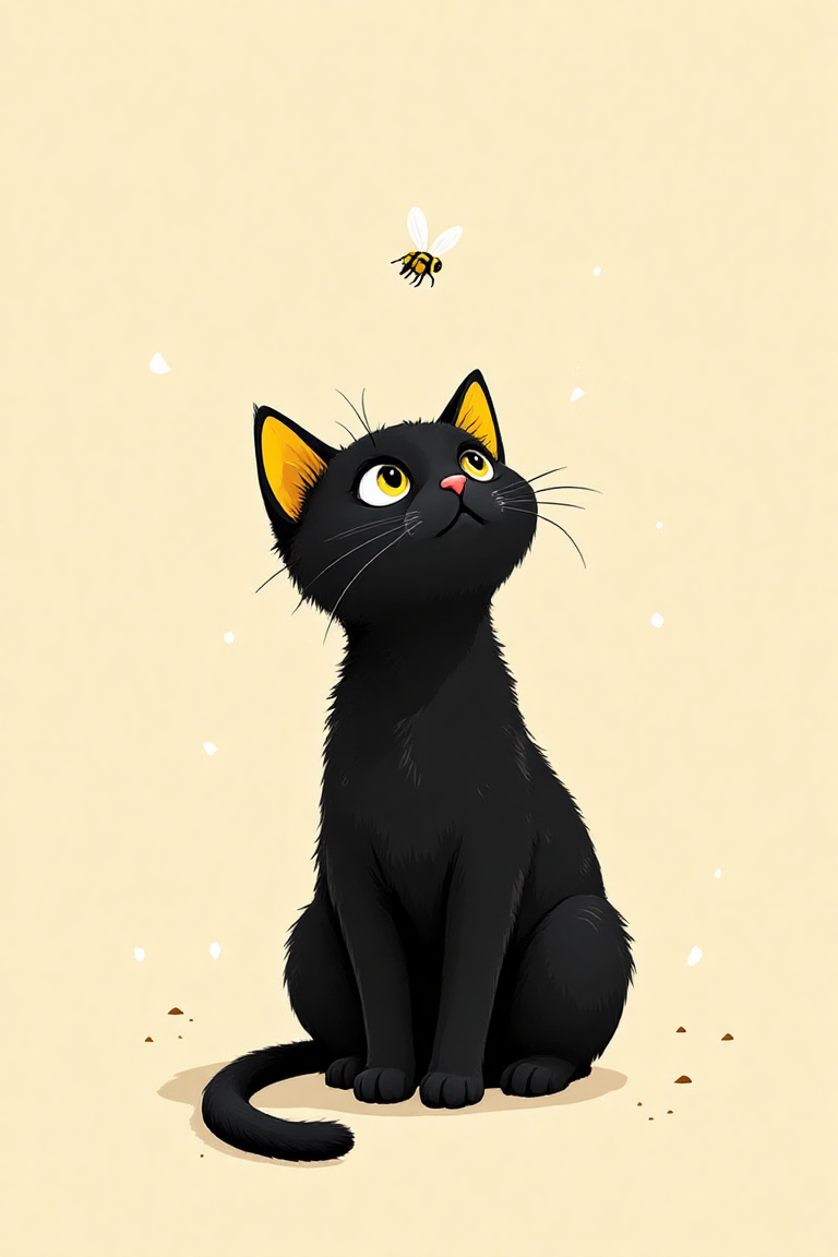 This is a simple illustration of a black cat with yellow accents on its ears, looking up at a fly. The background is a solid light beige color, creating a clean and minimalistic style. The cat's posture suggests curiosity or interest in the fly hovering above it. There are subtle white specks scattered around to add some texture and depth to the composition. Overall, the artwork has a playful and cute aesthetic.