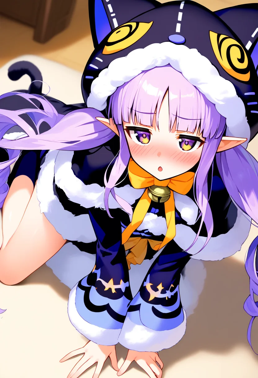 score 9, score 8 up,source anime, 1girl, solo. kyouka \(princess connect!\), from above, fur-trimmed capelet, cat hood, hooded capelet, animal hood, fur trim, hood, striped clothes, capelet, fur-trimmed sleeves, socks, bow, fur-trimmed dress, black capelet, dress, purple bow,all fours, drunk,
<lora:pony_kyoka_v1:1>