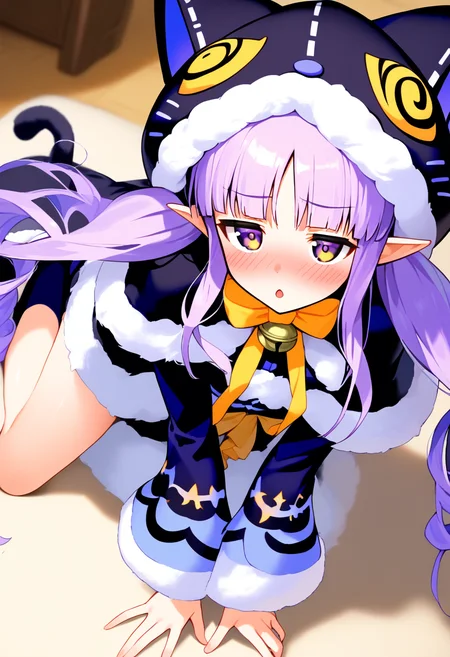score 9, score 8 up,source anime, 1girl, solo. kyouka \(princess connect!\), from above, fur-trimmed capelet, cat hood, hooded capelet, animal hood, fur trim, hood, striped clothes, capelet, fur-trimmed sleeves, socks, bow, fur-trimmed dress, black capelet, dress, purple bow,all fours, drunk,
<lora:pony_kyoka_v1:1>