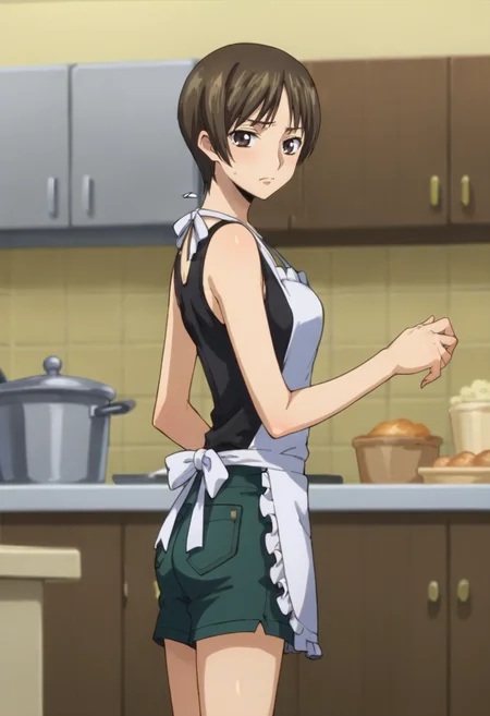 score_9,score_8_up,score_7_up BREAK source_anime,anime,<lora:Nagisa_Chiba_Code_Geass:0.8>,nchiba,1girl,solo,short hair,brown hair,brown eyes,tank top,apron,short shorts,flustered,standing,looking at viewer,indoors,kitchen,from side,