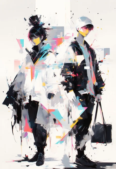 aidmaimageupgrader, male and female character framed by geometric shapes, glitchcore aesthetic, white space dominance, minimalist design, soft gradients, glowing holographic lines, fragmented glitch effects, subtle neon overlays, abstract symmetry, futuristic fashion with clean lines, muted color palette, digital distortion around edges, serene atmosphere, faded visual artifacts, worn textures, dreamlike holographic glow, delicate composition, degraded digital aesthetics, quiet focus, ethereal ambiance,pscho_4rt
