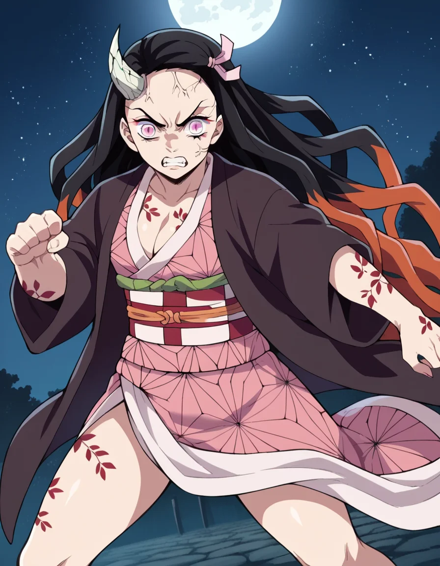 score_9, score_8_up, score_7_up, source_anime,
nezukokamado, <lora:nezuko-kamado-anime-ponyxl-lora-nochekaiser:1>,
nezuko kamado, black hair, forehead, hair ribbon, long hair, multicolored hair, pink eyes, orange hair, slit pupils, wavy hair, two-tone hair,
cleavage, japanese clothes, horns, kimono, sash, obi, demon girl, angry, single horn, veins, pink kimono, cracked skin, checkered sash, tattoo, thighs,
outdoors, night, landscape, moon, starry sky, fighting stance,
solo, dutch angle, looking at viewer, cowboy shot,
