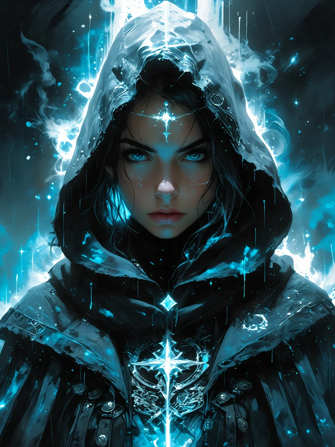 a portrait of a hooded young punk woman, set amidst white and sky-blue auroras, incorporating cosmic plasma markings that evoke a sense of Chemiluminescent Impressionism, (LOW-KEY:1.2) <lora:HellJourney_XL_V12024-08-01_09-12-39-save-2806-8-0:0.6> <lora:incase-ilff-v3-4:0.4> <lora:Fant5yP0ny:0.4> <lora:zavy-cntrst-sdxl:1.0>