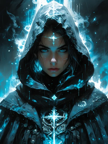 a portrait of a hooded young punk woman, set amidst white and sky-blue auroras, incorporating cosmic plasma markings that evoke a sense of Chemiluminescent Impressionism, (LOW-KEY:1.2) <lora:HellJourney_XL_V12024-08-01_09-12-39-save-2806-8-0:0.6> <lora:incase-ilff-v3-4:0.4> <lora:Fant5yP0ny:0.4> <lora:zavy-cntrst-sdxl:1.0>