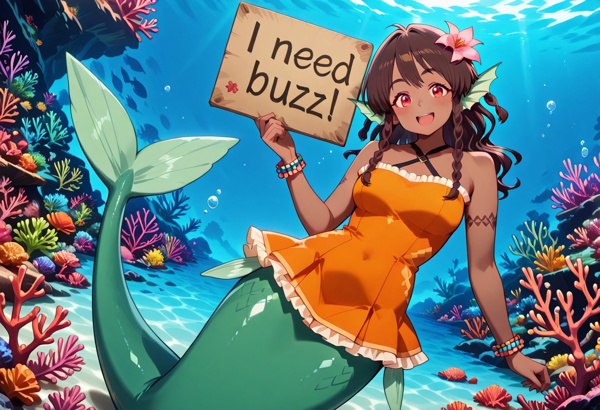 high resolution, gorgeous, absurdres, best quality, anime screencap, source_anime, official art, 1girl, Lulu Coraline, dark skin, dark-skinned female, braids, flower hair ornament, brown hair, long hair, red eyes, medium breasts, monster girl, mermaid, mermaid tail, head fins, green tail, orange dress, frills, bracelets, underwater, coral reef, caustics, smile, need_buzz, holding sign