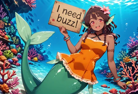 high resolution, gorgeous, absurdres, best quality, anime screencap, source_anime, official art, 1girl, Lulu Coraline, dark skin, dark-skinned female, braids, flower hair ornament, brown hair, long hair, red eyes, medium breasts, monster girl, mermaid, mermaid tail, head fins, green tail, orange dress, frills, bracelets, underwater, coral reef, caustics, smile, need_buzz, holding sign