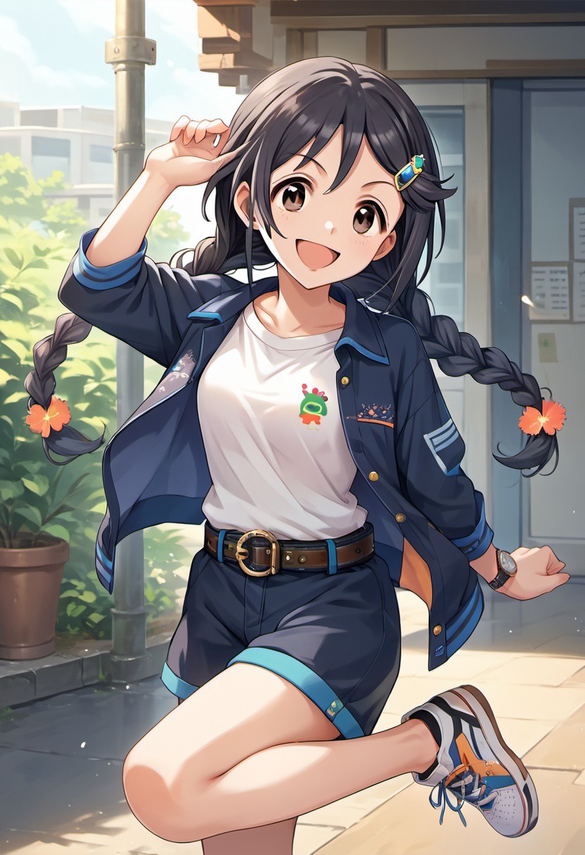 score_9, score_8_up, score_7_up, source_anime, miyoshi sana, twin braids, black hair, brown eyes, 1girl, braid, shorts, solo, hair ornament, belt, hairclip, smile, long hair, open mouth, sneakers, watch