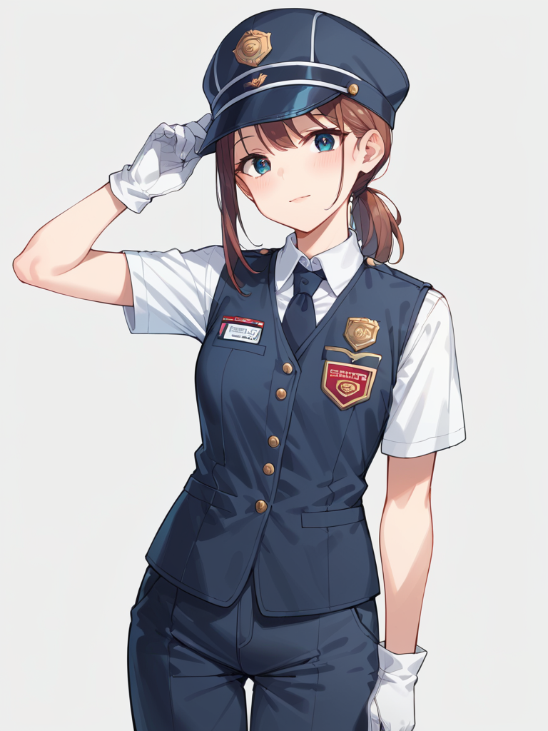 score_9, score_8_up, score_7_up,source_anime, high res image,masterpiece,best quality,girl,cute face,clear skin,shiny hair,ultra detailed eyes,simple background , <lora:caboose uniform_pony_V1.0:0.7> caboose uniform, shirt, hat, vest, pants, gloves