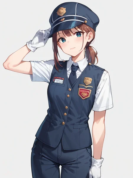 score_9, score_8_up, score_7_up,source_anime, high res image,masterpiece,best quality,girl,cute face,clear skin,shiny hair,ultra detailed eyes,simple background , <lora:caboose uniform_pony_V1.0:0.7> caboose uniform, shirt, hat, vest, pants, gloves