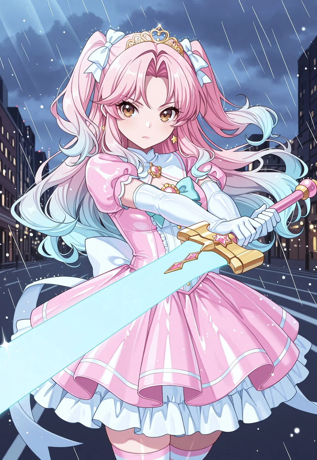 1girl, kaiseisakuraba, pink hair, brown eyes, long sidelocks, two side up, long hair, multicolored hair, gradient hair, cyan tips, masterpiece, best quality, absurdres,
(pastel colors, pastel cyan, pastel blue), pastel blue magical girl, padded magical girl dress, kawaii, frilled skirt, thighhighs, pastel cyan dress, multilayered dress, tuku, petticoat, padded dress, puffy short sleeves, elbow gloves, gold tiara, gem brooch, large bow, ribbons, lace trim, frills, latex, shiny clothes, sparkles, glitter, star earrings, rainbow accessories, jewelry,
lipgloss, eyelashes, light blush, light makeup,
outdoors, city, night, overcast, rain,
solo, cowboy shot, fighting stance, serious, (sword guard stance), two-handed, holding sword, energy sword, huge weapon,
intricate, highly detailed, majestic, shallow depth of field, movie still, circular polarizer, light reflections, light particles, particles, sun rays