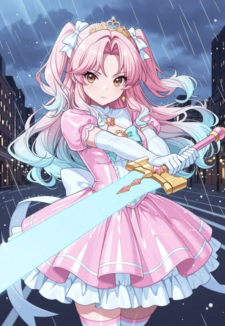 1girl, kaiseisakuraba, pink hair, brown eyes, long sidelocks, two side up, long hair, multicolored hair, gradient hair, cyan tips, masterpiece, best quality, absurdres,
(pastel colors, pastel cyan, pastel blue), pastel blue magical girl, padded magical girl dress, kawaii, frilled skirt, thighhighs, pastel cyan dress, multilayered dress, tuku, petticoat, padded dress, puffy short sleeves, elbow gloves, gold tiara, gem brooch, large bow, ribbons, lace trim, frills, latex, shiny clothes, sparkles, glitter, star earrings, rainbow accessories, jewelry,
lipgloss, eyelashes, light blush, light makeup,
outdoors, city, night, overcast, rain,
solo, cowboy shot, fighting stance, serious, (sword guard stance), two-handed, holding sword, energy sword, huge weapon,
intricate, highly detailed, majestic, shallow depth of field, movie still, circular polarizer, light reflections, light particles, particles, sun rays