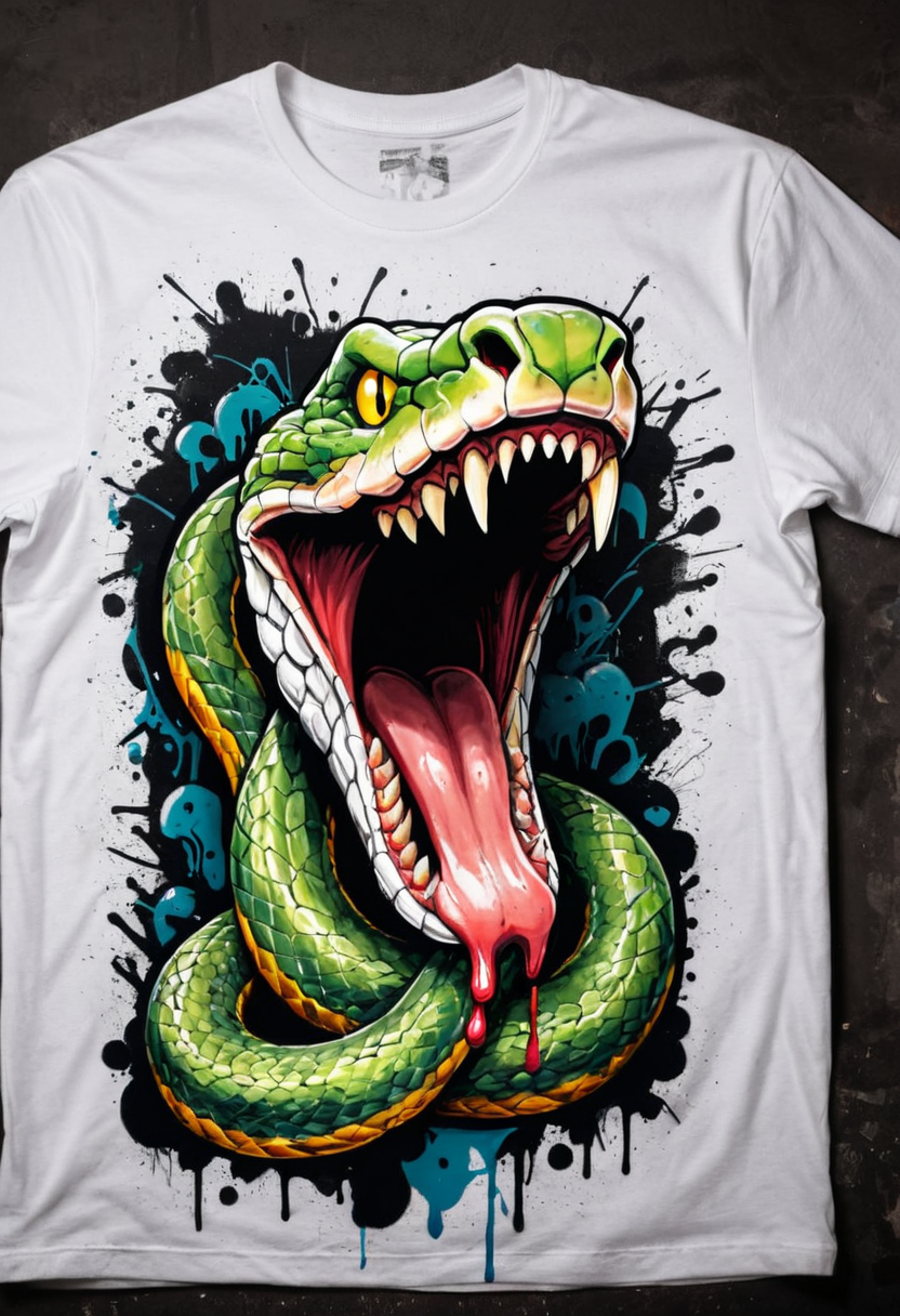 print on white t-shirt,  cartoon snake open mouth, poisonous fangs, graffiti, , paint drips, dark background, head out of frame
<lora:snake_v1:0.5>