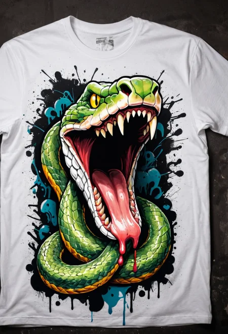 print on white t-shirt, cartoon snake open mouth, poisonous fangs, graffiti, , paint drips, dark background, head out of frame
<lora:snake_v1:0.5>