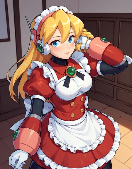 score_9, score_8_up, score_7_up, 2D, 1girl, solo, alia (mega man), android, blonde hair, robot ears, indoors, red maid outfit, red dress, puffy sleeves, blushing, looking at viewer, hand in hair <lora:AliaSDXL:0.75>