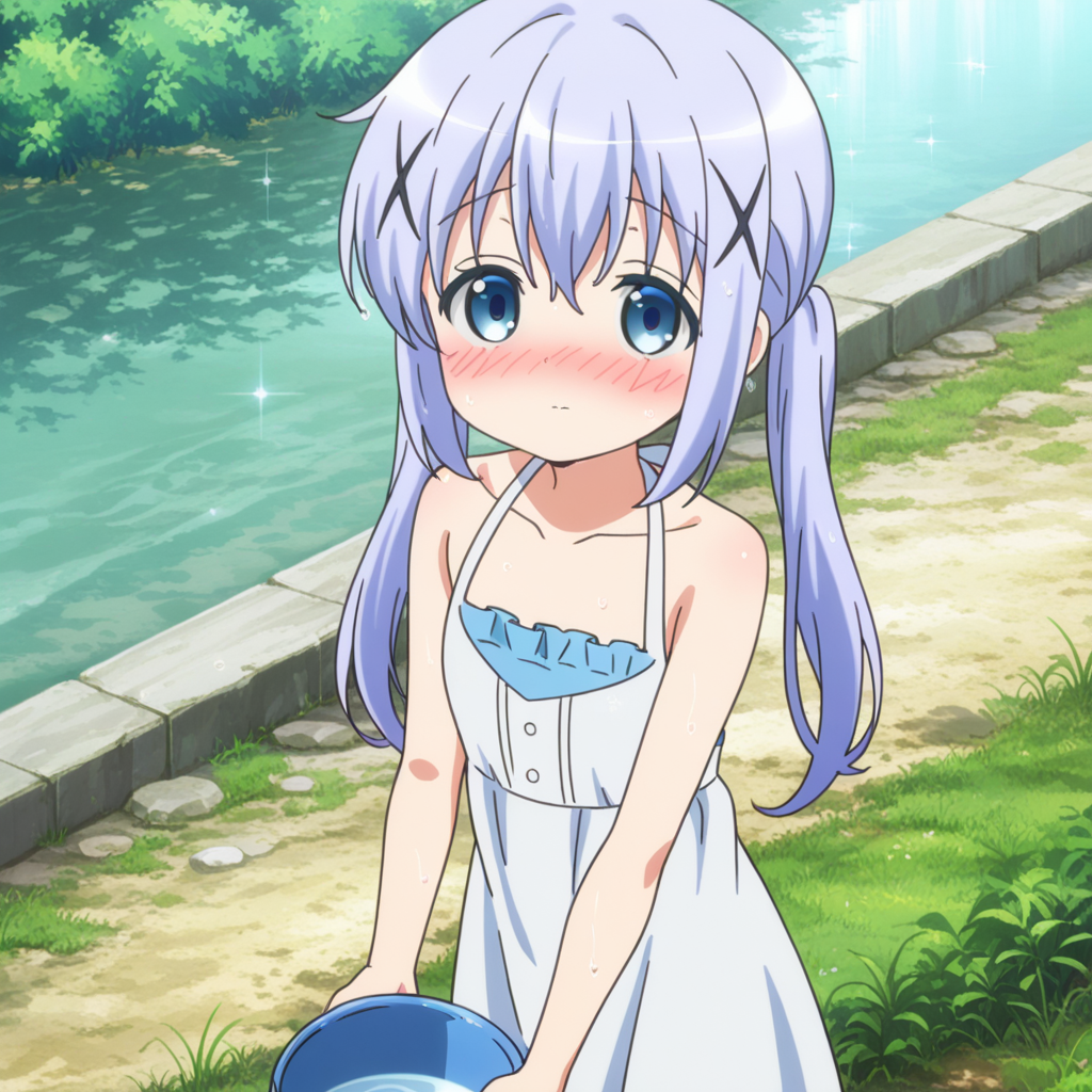 nsfw, masterpiece, best quality, amazing quality,1girl, solo, is_the_order_a_rabbit_chino_kafu, nose blush, blue eyes, long hair, hair ornament, blue hair, dress, twintails, x hair ornament, white sleeveless dress, bangs, collarbone, bare arms, sleeveless, outdoors, closed mouth, bare shoulders, sundress, holding, bucket, hair between eyes, day, water, wet, sidelocks, looking at viewer, <lora:Chino_Kafu_-_Is_the_Order_a_Rabbit:0.7>