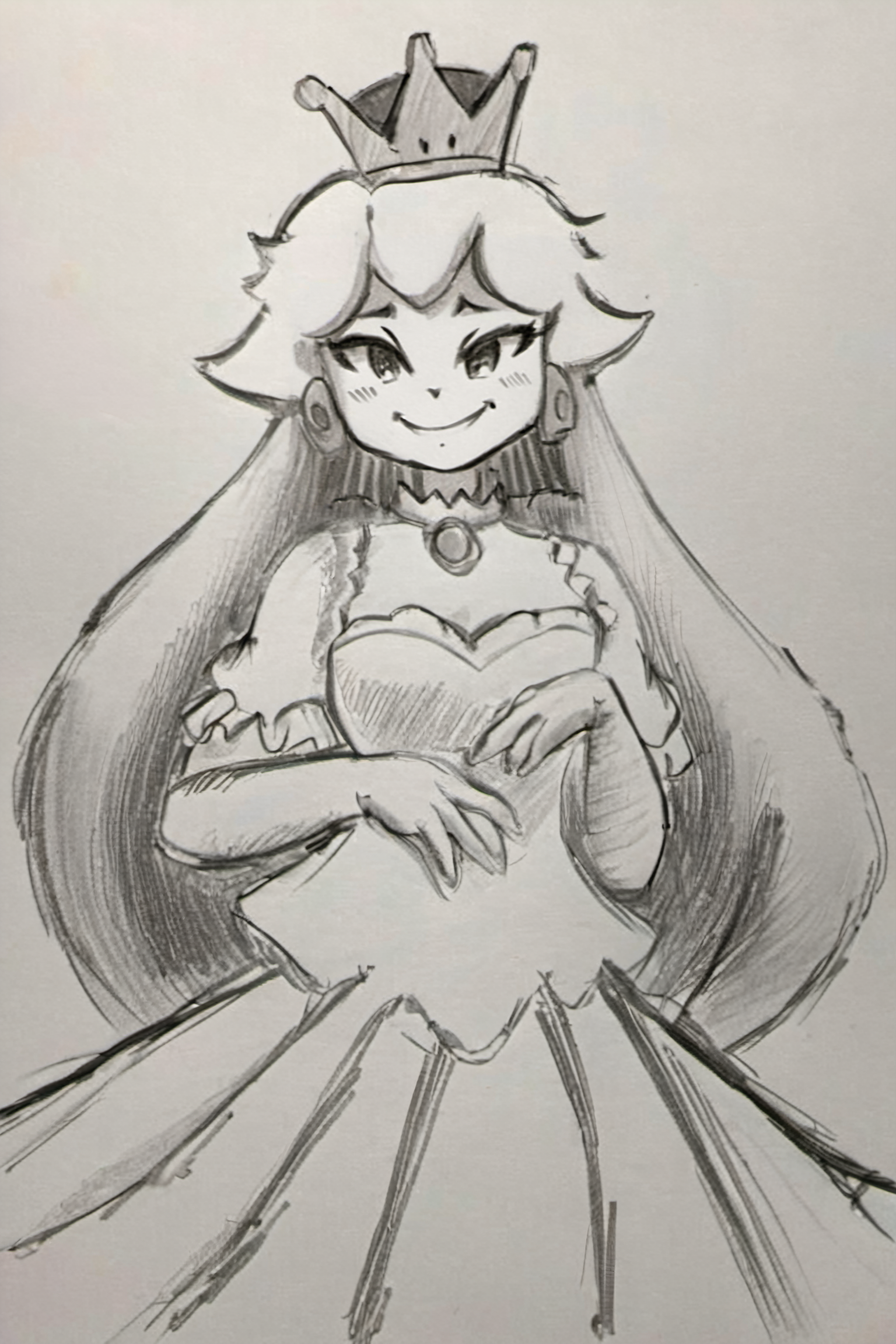 ((masterpiece, best quality)), 
(Pencil_Sketch:1.2,  messy lines,  greyscale,  traditional media,  sketch),  unfinished,  hatching (texture),  ((masterpiece, best quality)),  absurdres,  ,  Boosette_Mario,  1girl,  long hair,  white hair,  long white dress,  ballroom dress,  white gloves,  solo,  smiling,  blushing,  looking at viewer,  cowboy shot,<lora:Boosette_Mario_SDXL:0.800000>,<lora:Anime_Sketch_SDXL:1.000000>