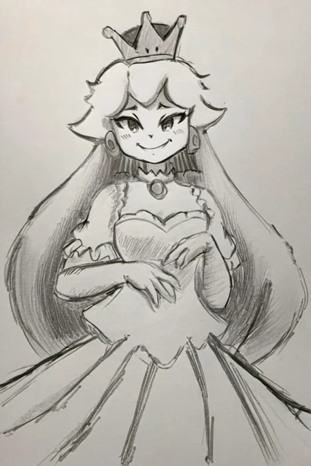 ((masterpiece, best quality)),
(Pencil_Sketch:1.2, messy lines, greyscale, traditional media, sketch), unfinished, hatching (texture), ((masterpiece, best quality)), absurdres, , Boosette_Mario, 1girl, long hair, white hair, long white dress, ballroom dress, white gloves, solo, smiling, blushing, looking at viewer, cowboy shot,<lora:Boosette_Mario_SDXL:0.800000>,<lora:Anime_Sketch_SDXL:1.000000>