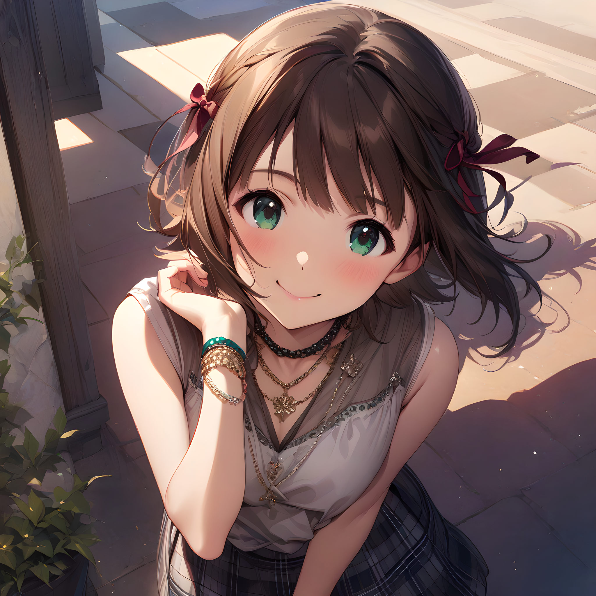 (masterpiece),(best quality),(ultra-detailed),(best illustration),(best shadow),(absurdres),(detailed background),(very aesthetic), haruka_amami, 1girl, solo, jewelry, brown hair, bracelet, smile, short hair, necklace, hair ribbon, ribbon, green eyes, plaid, shirt <lora:XL-HarukaAmami:1>