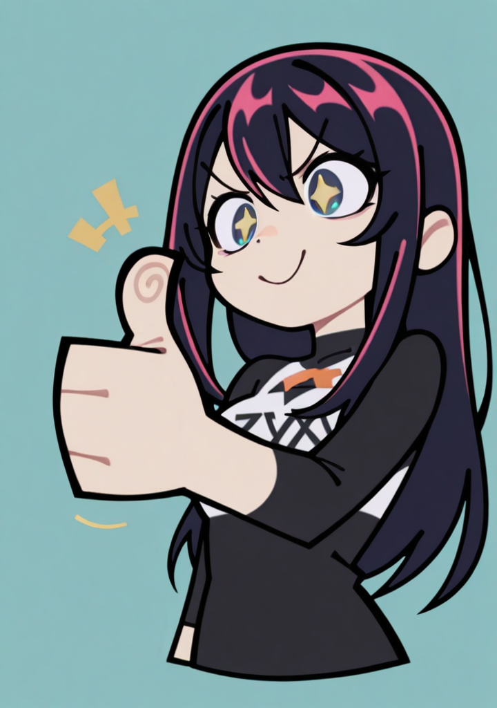 masterpiece,best quality,amazing quality,
1girl,<lora:zzzemoji:1>,zzzemoji,chibi,simple background,thumbs up,hoshino ai,solo,+ +,