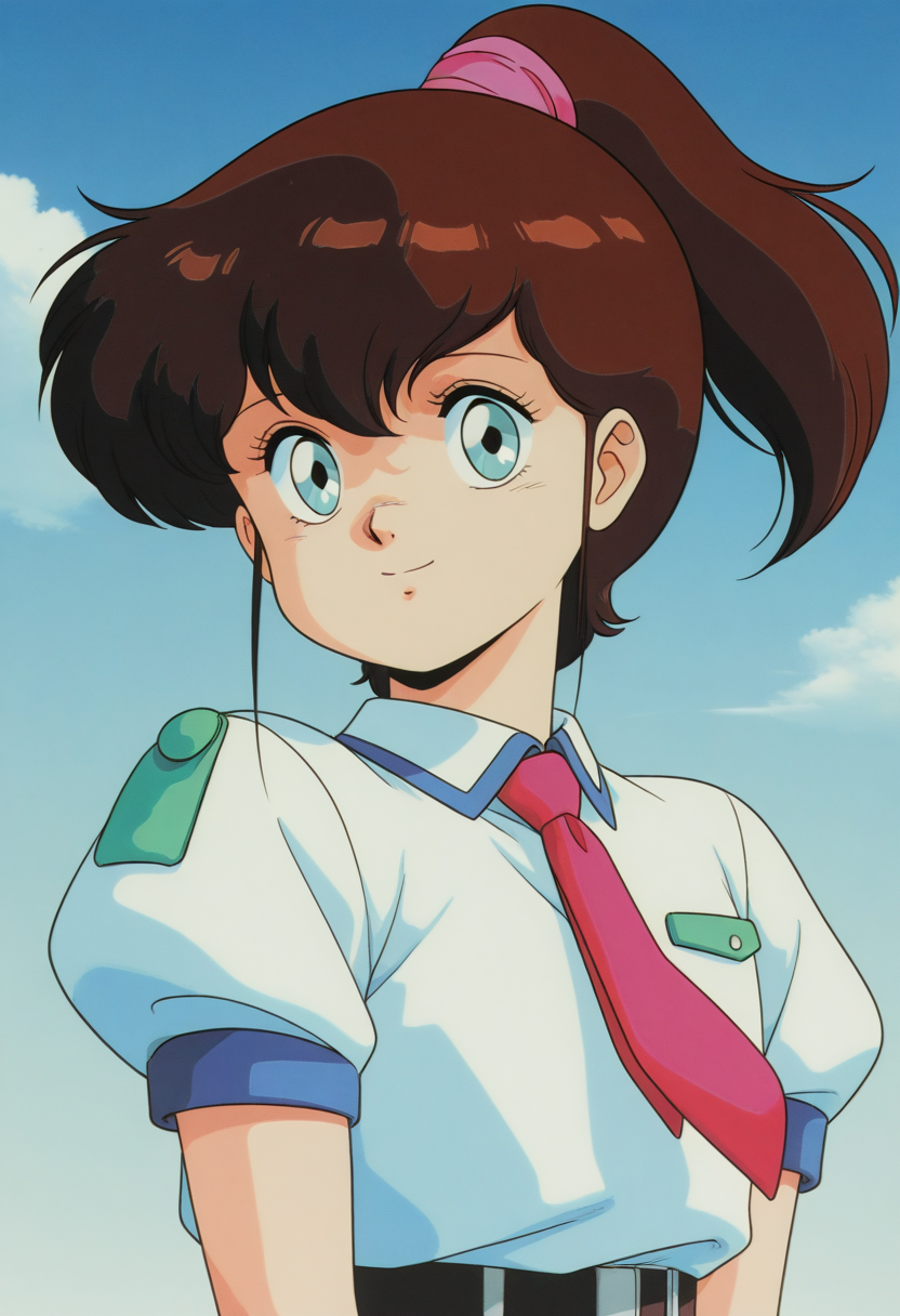 masterpiece, best quality, source_anime,official art,perfect_anatomy,1980s_\(style\),retro_artstyle,1girl,solo,Molly,blue_eyes,brown_hair,long_hair,ponytail,white_shirt,necktie,school_uniform,looking_at_viewer,smile,upper body,day,blue_sky,cloud