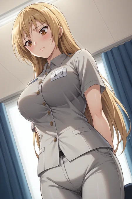 score_9, score_8_up, score_7_up, source_anime, 1girl, prefect lighting, very aesthetic, intricate details, highly detailed background, masterpiece, high quality, prefect hands, best quality, solo,
<lora:Riko_Ichinose_RanSem_V1:.85>, KJOriko, blonde hair, brown eyes, long hair, 
Grey uniform, name tag, grey pants, short sleeves, cowgirl position, dutch angle, 
arms behind back, looking down, blush, embarrassed, standing, 
office,
(Beautiful, large Breasts:1.2), natural breasts,