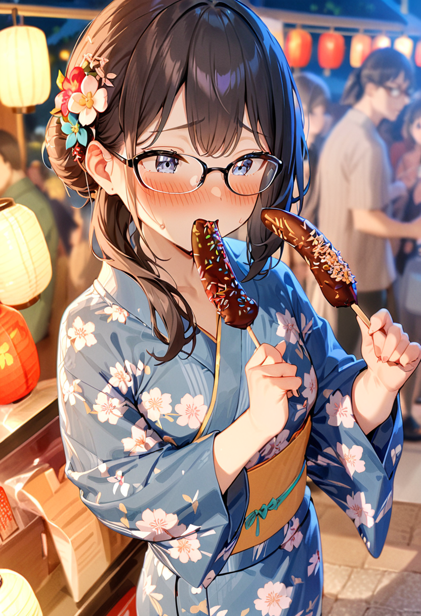 masterpiece, best quality, very aesthetic, absurdres,
chocolate banana, 1girl, solo, glasses, black hair, food, long hair, blush, holding, holding food, yukata, floral print, hair ornament, hair flower, hair bun, uchiwa, paper fan, paper lantern, night, blurry background, embarrassed, 
<lora:chocolate_banana_SDXL_V1:1>