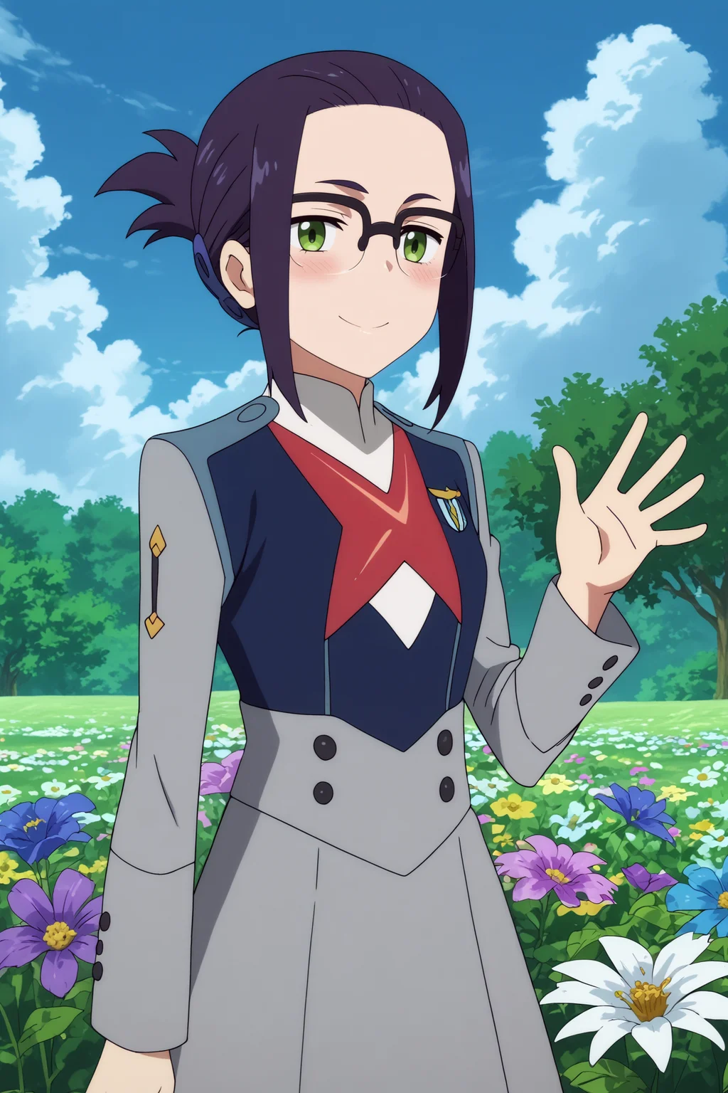 ikuno,1girl,solo,glasses,short hair,uniform,military_uniform,military,folded ponytail,waving,smile BREAK outdoors,blue sky,cloudy_sky,purple flower,flower field,tree  <lora:Ikuno_-_Darling_in_the_franxx.safetensors:0.8> <lora:detailed_backgrounds_v2.safetensors:0.5>