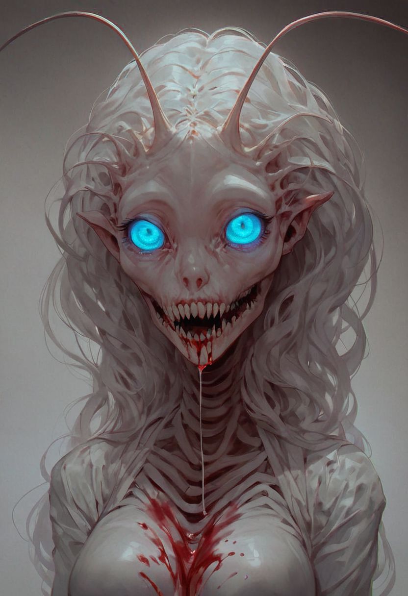 score_9, score_8_up, score_7_up, teratophilia, alien girl, nightmare waifu, (alien), scary, highly detailed, nigtmare fuel, freak, creepy, eerie, horror, night scene, blood dripping, claws, detailed eyes, antennas, cinematic, terrifying, tendril hair, large breasts, clevage, long velvet dress, exoskeleton, highly detailed, blue glowing eyes, bioluminescent, transparent skin