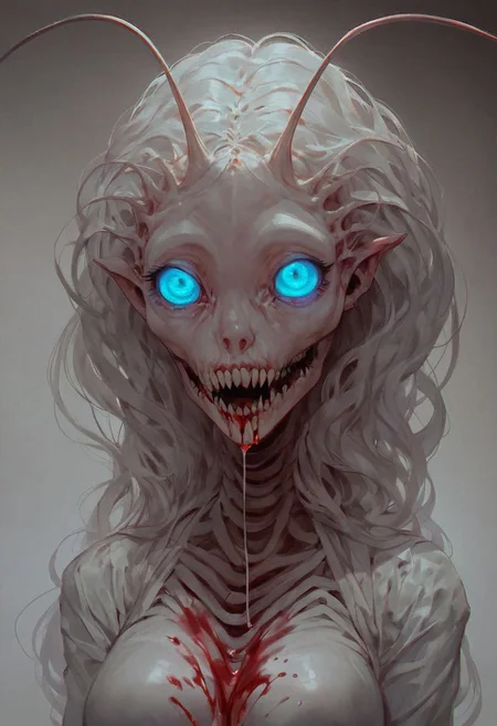 score_9, score_8_up, score_7_up, teratophilia, alien girl, nightmare waifu, (alien), scary, highly detailed, nigtmare fuel, freak, creepy, eerie, horror, night scene, blood dripping, claws, detailed eyes, antennas, cinematic, terrifying, tendril hair, large breasts, clevage, long velvet dress, exoskeleton, highly detailed, blue glowing eyes, bioluminescent, transparent skin