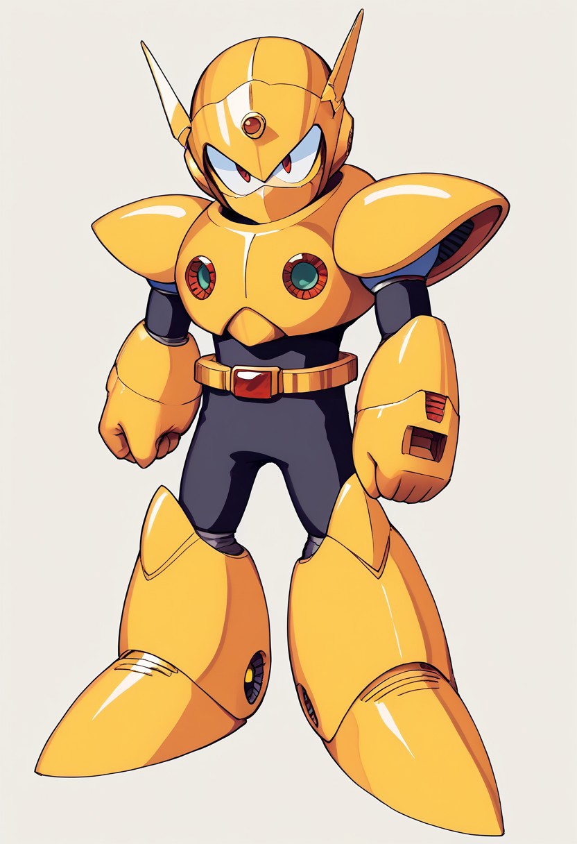 InafuneArt, score_9, score_8_up, score_7_up, score_6_up, score_5_up, score_4_up, score_9 , score_8_up, score_7_up, (mechanical face), source_anime, 1boy, solo, (multiple views:1.2), (sharp eyes), (covered mouth), (robot master), The character in the image is a vibrant and dynamic Reploid from the Mega Man X series. This Reploid has a humanoid design with a sleek, armored body. The head is distinctively topped with a large, yellow helmet that has a cannon-like attachment on the top, adding to its combat-ready appearance. The eyes glow with an intense blue light, giving the character a sharp, focused expression. The torso is solid and compact, featuring a mix of yellow and white armor with red accents that highlight the joints and connection points. The arms are robust and mechanical, with white gloves covering the hands, which are shaped into fists, ready for action, The character's legs are heavily armored, with large, yellow shin guards that add to its sturdy and resilient look. The feet are wide and equipped with strong, metallic soles, ensuring stability and strength in movement, vibrant color palette, futuristic character concept, KEIJI INAFUNE STYLE, <lora:KEIJI INAFUNE>, 1990s style, retro artstyle, anime coloring, traditional media, cel shading,