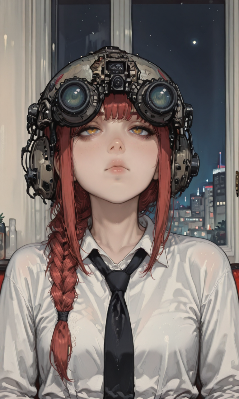 embedding:IllusP0s, artist:moriimee, n0ds, helmet, lenses, makima, red hair, bangs, braided ponytail, white shirt, black tie, bored, 1girl, solo, indoors, night, close-up, embedding:Smooth Negative-neg, embedding:IllustriousQual,<lora:n0ds_ill.safetensors:1.0:1.0> <lora:MoriiMee_Gothic_Niji_Style_Illustrious_r1.safetensors:0.85:0.85>
