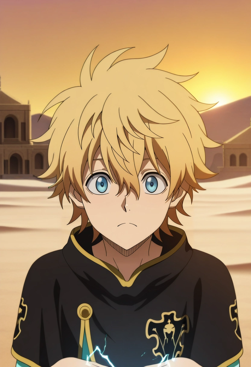 masterpiece, best quality, intricate details, anime screencap, anime coloring, official style, , 1boy, solo, male focus, <lora:luck_voltia_ilxl:0.9>, luck_voltia, blonde hair, blue eyes, short hair, hair between eyes, electricity, , desert temple, sunlit spires, sand gardens, ancient relics, studying pose, focused expression, golden hour,