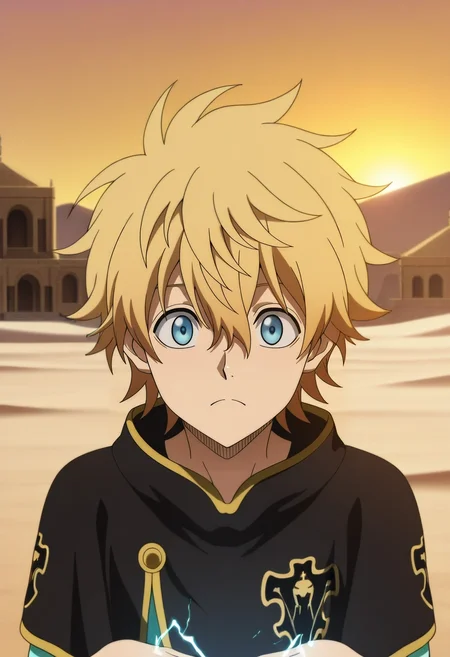 masterpiece, best quality, intricate details, anime screencap, anime coloring, official style, , 1boy, solo, male focus, <lora:luck_voltia_ilxl:0.9>, luck_voltia, blonde hair, blue eyes, short hair, hair between eyes, electricity, , desert temple, sunlit spires, sand gardens, ancient relics, studying pose, focused expression, golden hour,