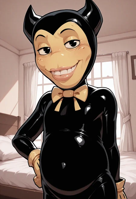 <lora:ollie_Illustrious_Mlaofmd-10:1.0>, <lora:Kazuya_Guy-il:1.0>, masterpiece, best quality, newest, absurdres, highres, perfect anatomy, 1boy, solo, ollie, bendy the dancing demon, black skin, 2 horns, black eyes, smile, grin, bow tie, gloves, black shoes, inside, detailed background, bedroom, mikus-concept, lips, looking at viewer, closed mouth, smile, upper body