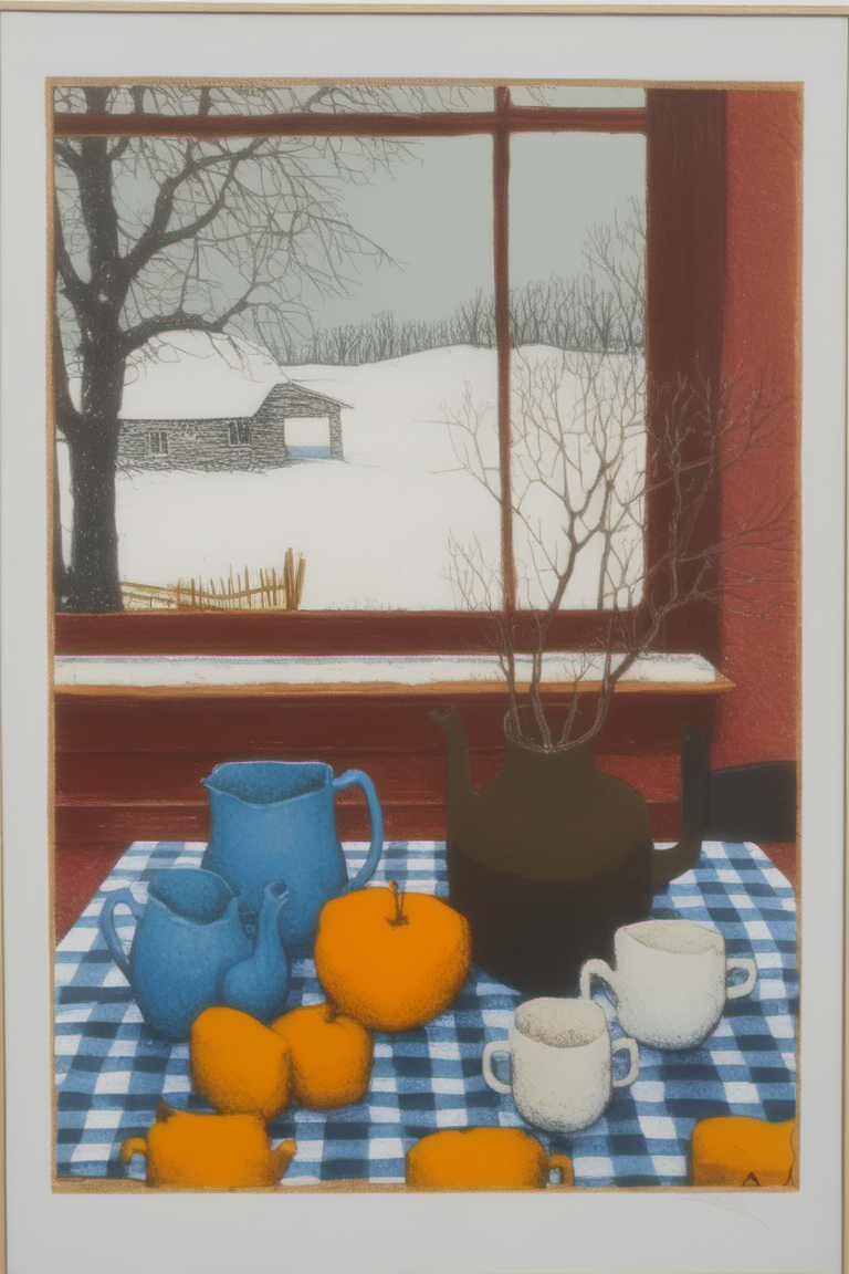 a painting of a tea set and a vase on a table with a window in the background with a snow covered ground and trees by Tom Bartek <lora:Tom_Bartek_Style_XL>
