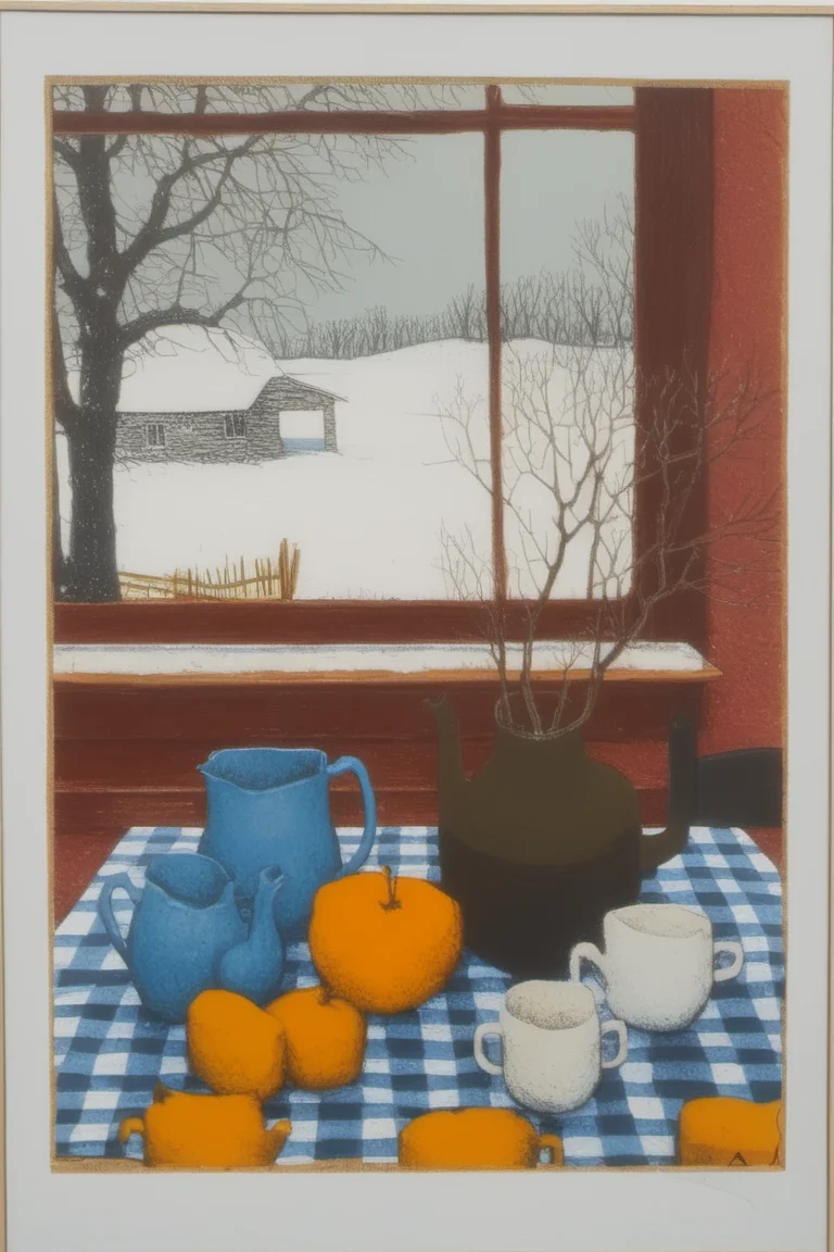 a painting of a tea set and a vase on a table with a window in the background with a snow covered ground and trees by Tom Bartek <lora:Tom_Bartek_Style_XL>