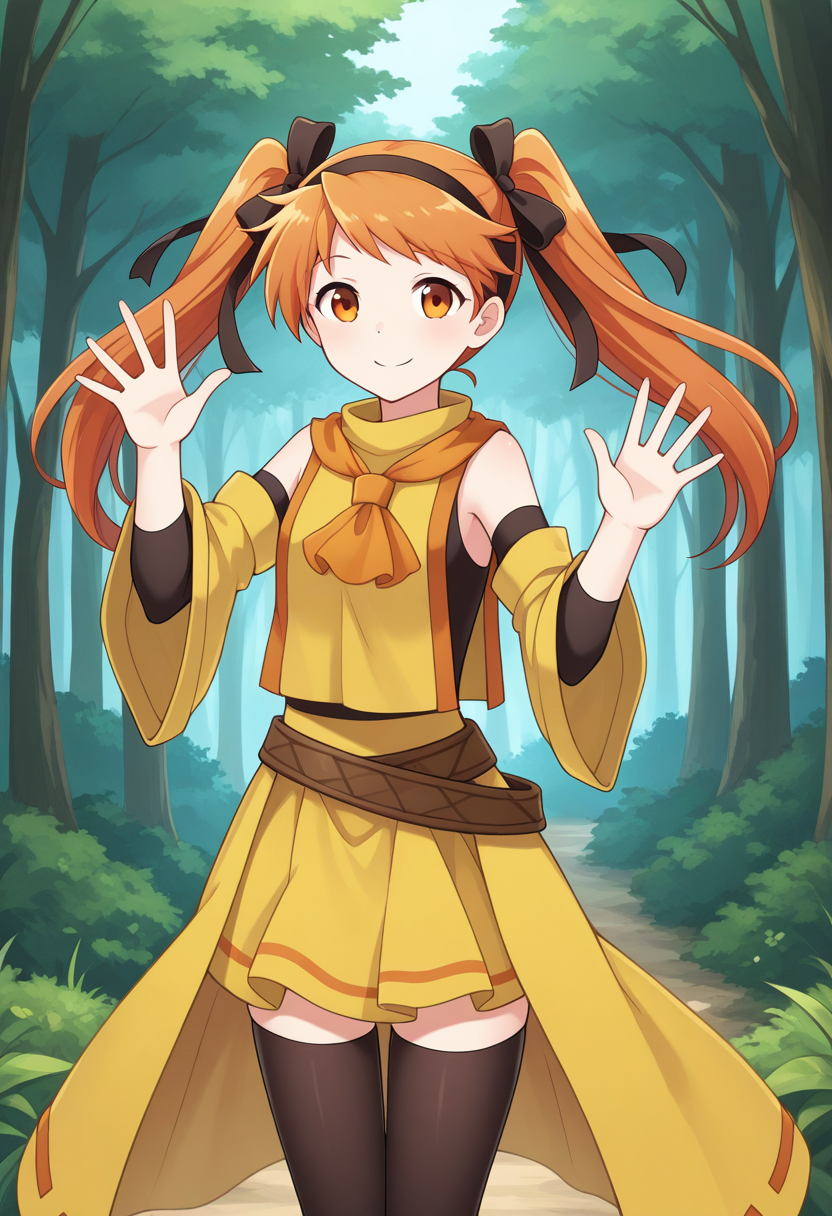 1girl, solo, linalyuri, orange hair, long hair, twintails, hair ribbon, hairband, orange eyes, sleeveless shirt, detached sleeves, tabard, ascot, skirt, waist cape, belt, thighhighs, outdoors, forest, waving, cowboy shot, smile,