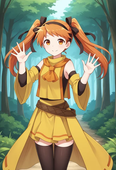 1girl, solo, linalyuri, orange hair, long hair, twintails, hair ribbon, hairband, orange eyes, sleeveless shirt, detached sleeves, tabard, ascot, skirt, waist cape, belt, thighhighs, outdoors, forest, waving, cowboy shot, smile,