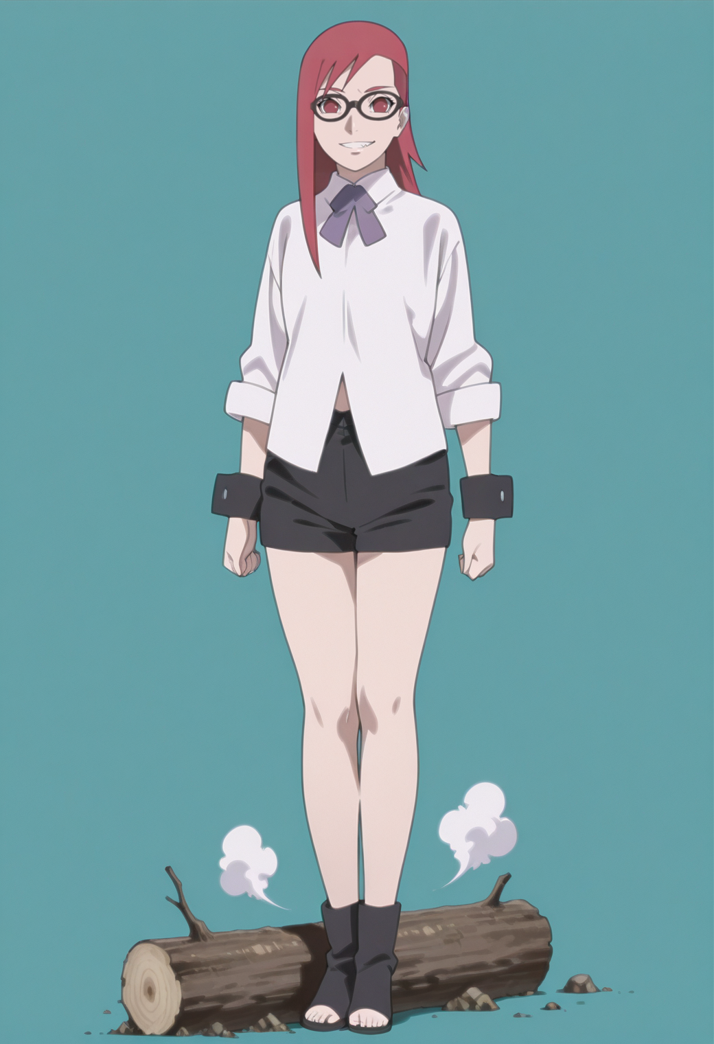 anime screencap, anime coloring, 1girl,  solo,  <lora:DX888KarinB:1> uzumaki karin, red eyes, red hair,long hair, sidecut, glasses, white shirt, collared shirt,sleeves rolled up, log sleeves,purple ribbon,wrist cuffs, black shorts, BREAK  aqua background, triangle background, simple background, BREAK solo, hovering , floating, legs together, swirling dust on the ground , full body, in the air, crazy grin