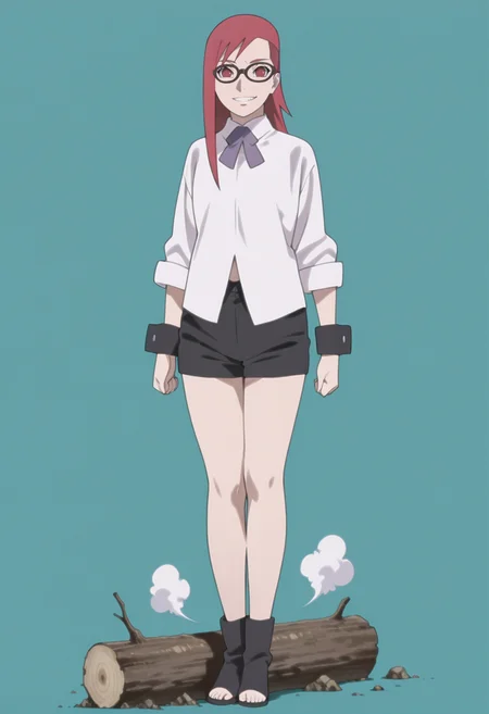 anime screencap, anime coloring, 1girl,  solo,  <lora:DX888KarinB:1> uzumaki karin, red eyes, red hair,long hair, sidecut, glasses, white shirt, collared shirt,sleeves rolled up, log sleeves,purple ribbon,wrist cuffs, black shorts, BREAK  aqua background, triangle background, simple background, BREAK solo, hovering , floating, legs together, swirling dust on the ground , full body, in the air, crazy grin