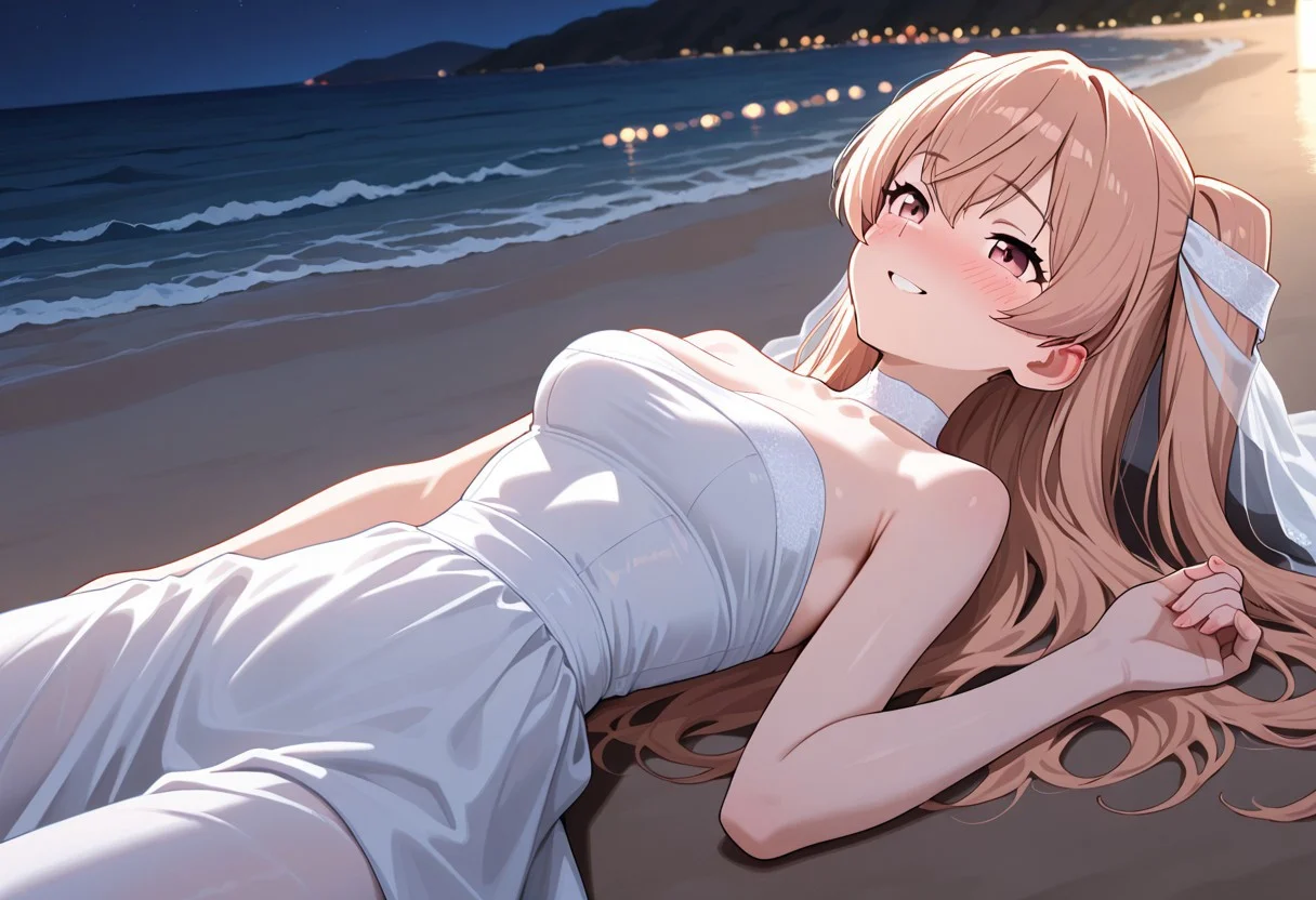 masterpiece, best quality, good quality, newest,4k, perfect lighting, cinematic, very aesthetic, 
official style, 
1 cute girl, johnston, /(kantai_collection)/, 
wedding dress, 
shy, blush, smile, happy, 
girl is lying on back, on beach, 
outdoors, night,