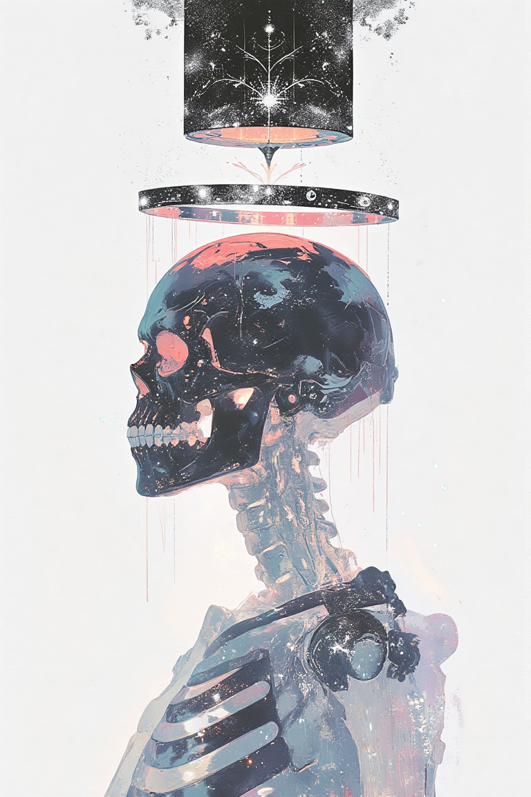 A digital artwork featuring a hyper-stylized depiction of a human skeleton in side profile, viewed from the left, with its bones rendered in pure chrome silver, gleaming with a mirror-like sheen that reflects light in dazzling highlights. The skeleton is intricately adorned with sparkling rhinestones covering its entire surface, adding a radiant, jewel-like brilliance to its metallic form. Intricate line work and meticulous shading enhance the three-dimensional appearance, blending anatomical precision with artistic abstraction. Positioned along the left vertical third of the composition, the skeleton adheres to the rule of thirds, achieving a harmonious and dynamic balance. Above its head, a surreal, asymmetrical halo in bold black patterns floats, its intricate design creating an enigmatic, otherworldly presence that contrasts sharply against the polished chrome of the skeleton. The background is a pristine white, amplifying the reflective and sparkling qualities of the skeleton and its rhinestone embellishments. The interplay of glossy silver, dazzling rhinestones, and the stark simplicity of the white background emphasizes the artwork’s futuristic and divine quality. The clean, sharp edges and stylized rendering bring a modern, high-impact aesthetic, focusing the viewer’s attention on the skeleton and its ethereal halo. HD, 8K quality, ultra-detailed, masterpiece artwork.