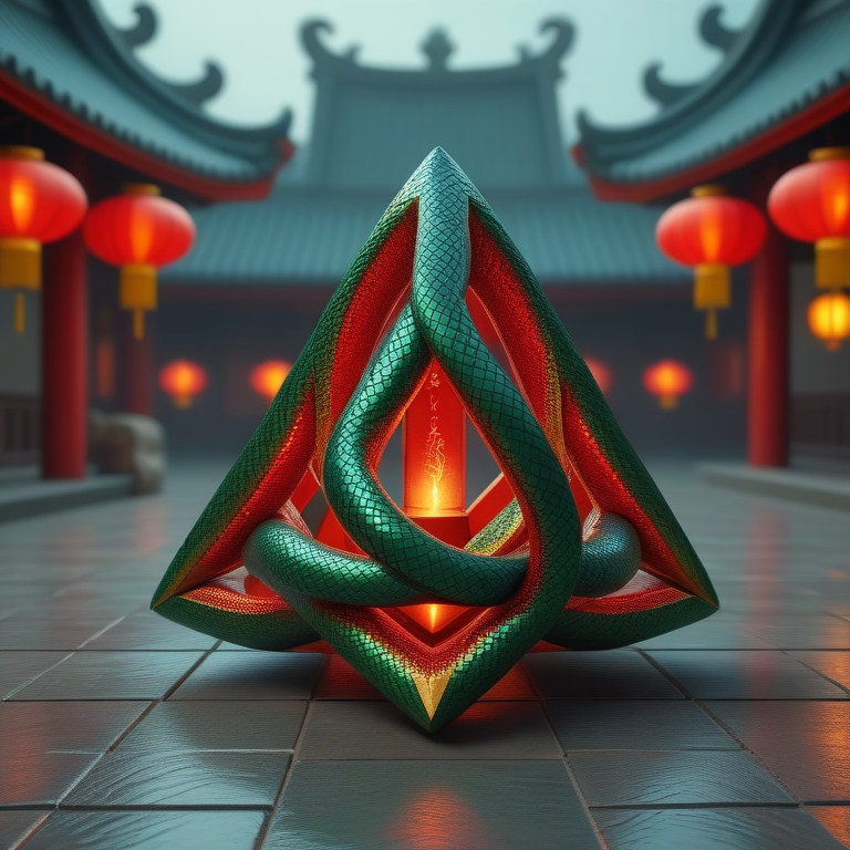 sn4k3bug triangular prism, metallic scales in green, red, and gold colors. sn4k3bug create a detailed texture while forming all parts of the triangular prism. The setting is a traditional Asian environment, featuring glowing red lanterns, typical architecture in the background, and a reflective stone floor. Soft lighting highlights sn4k3bug shimmer, ensuring the triangular prism looks cohesive and colorful, maintaining a mysterious and vibrant atmosphere. <lora:sn4k3bug:0.65>