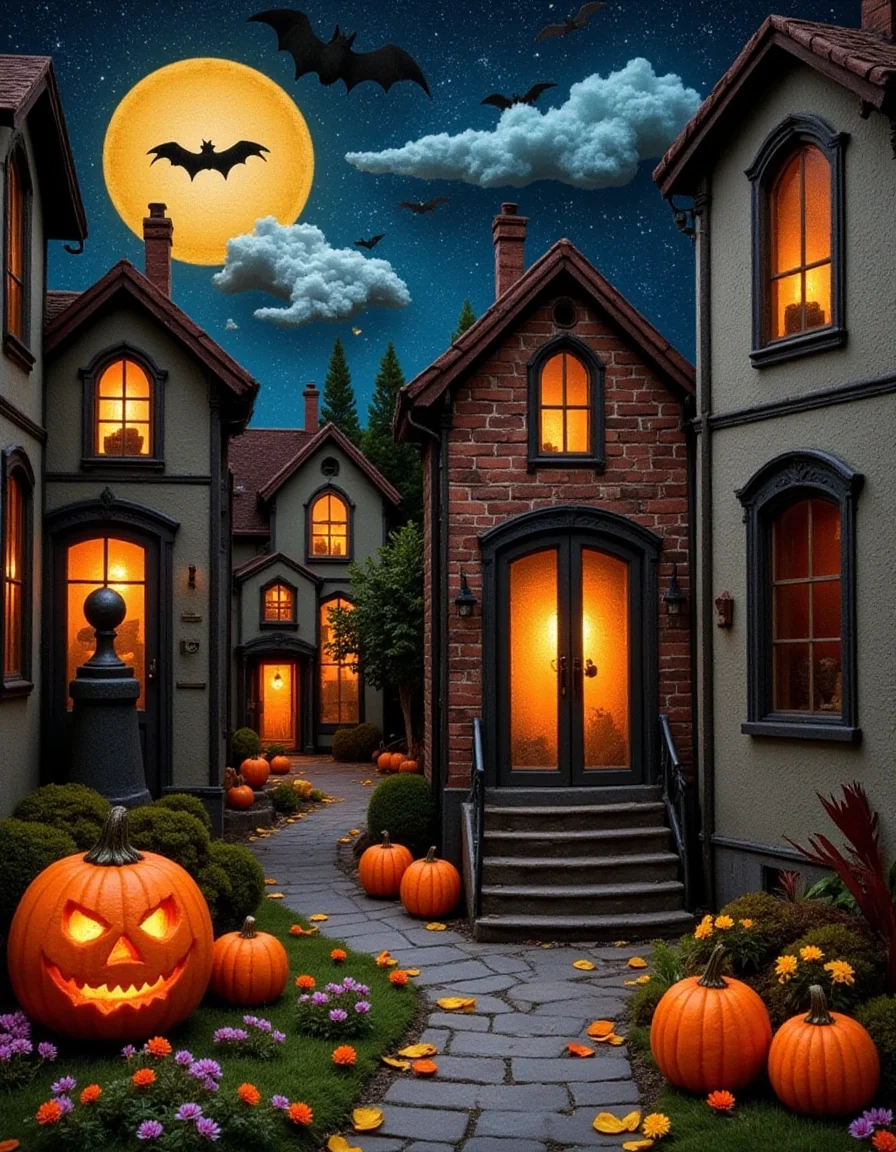IMG_1018.CR2, a 3d needle felted image of a halloween town with ghosts flying around and jack o lanterns in doorways