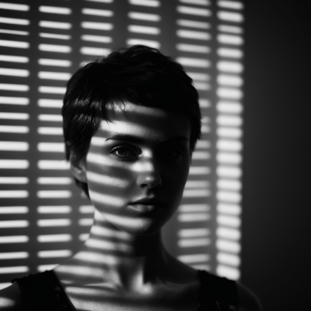 cinematic film still of  <lora:casting shadow style:1>
A cucoloris patterned illumination casting a shadow on a woman with a shadow on her face,1girl,solo,looking at viewer,short hair,simple background,monochrome,upper body,greyscale,grey background,mole,hair over one eye,messy hair,portrait,cinematic,film,filmic,casting shadow,venetian blinds casting shadow light,shadow on face,face partially covered in shadow,different shadow,window casting shadow light,cinematography,detailed,detailed background,detailed face,high quality,8k,cuculoris,kookaloris,cookaloris or cucalorus,light modifier,different light pattern,creative light,unique shadow , casting shadow style, shallow depth of field, vignette, highly detailed, high budget, bokeh, cinemascope, moody, epic, gorgeous, film grain, grainy