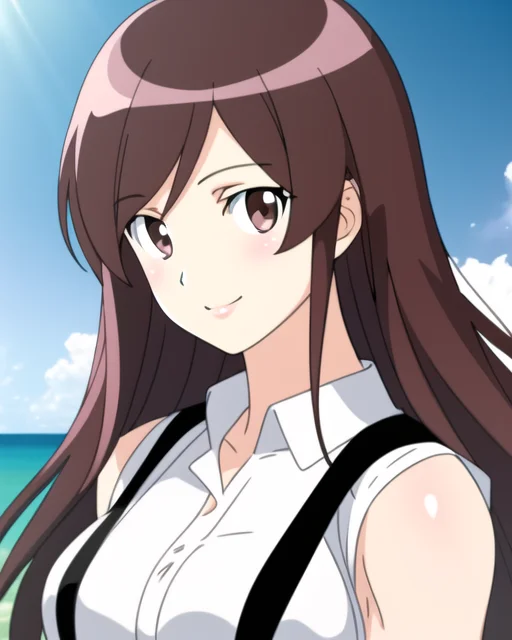 masterpiece, best quality, 1girl, solo, devmgf-8500, ((chun-li)), (((portrait))), cartoon, brown eyes, brown hair, perfect face, (suspenders), upper body, long hair, ((broad shoulders)), tight, abs, seductive smile, soft lighting, giantess, tall female, straight hair, crop top, sleeveless shirt, white shirt, sketch, ((realistic))