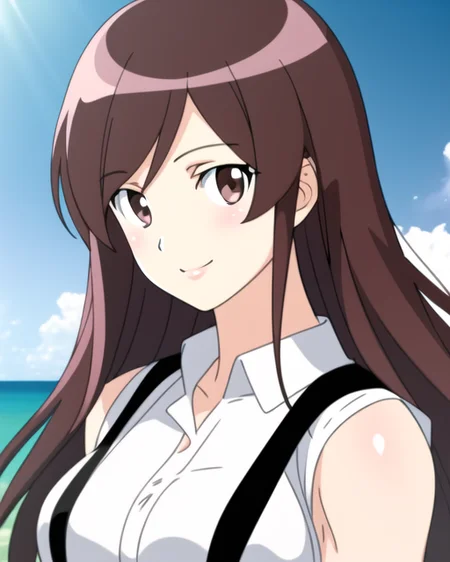 masterpiece, best quality, 1girl, solo, devmgf-8500, ((chun-li)), (((portrait))), cartoon, brown eyes, brown hair, perfect face, (suspenders), upper body, long hair, ((broad shoulders)), tight, abs, seductive smile, soft lighting, giantess, tall female, straight hair, crop top, sleeveless shirt, white shirt, sketch, ((realistic))
