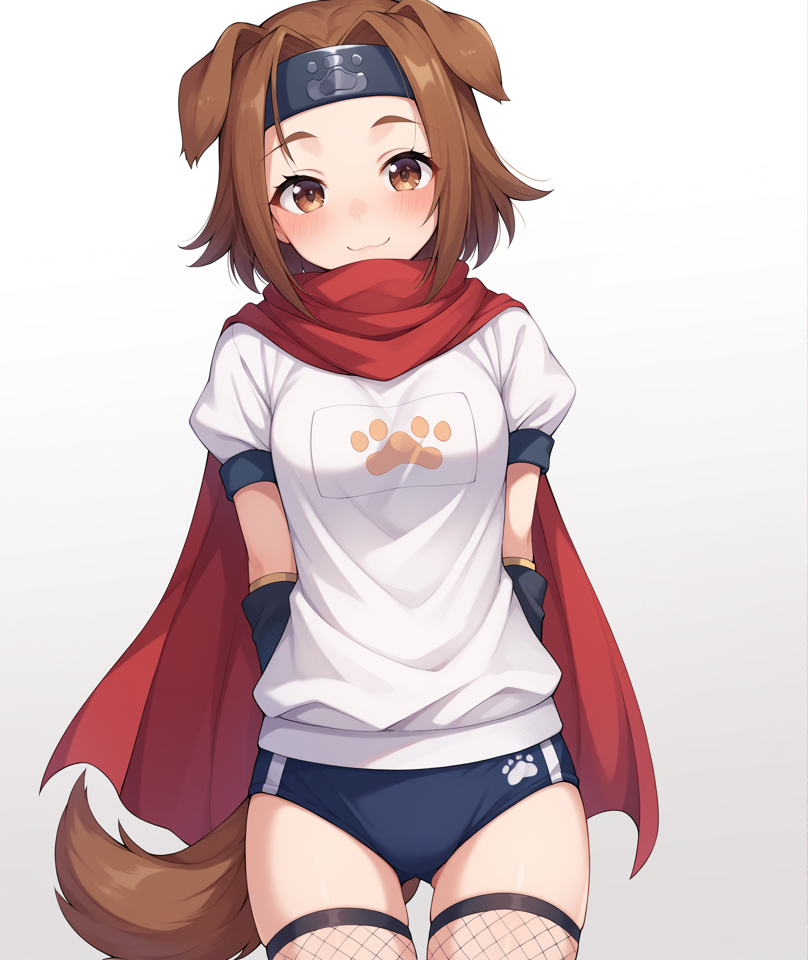 score_9, score_8_up, score_7_up, score_6_up, score_5_up, score_4_up, BREAK, source_anime, best quality, masterpiece, 2d, intricate details, official style, anime, 4k, anime style,
konohaai, 1girl, solo, brown eyes, blush, smile, short hair, brown hair, animal ears, tail, dog ears, dog tail, dog girl, forehead protector, headband, metal headband,
thighhighs, gloves, elbow gloves, fingerless gloves, scarf, cape, headband, thigh gap, fishnets, gym uniform, buruma, fishnet thighhighs, blue buruma, 
arms behind back, cowboy shot, looking at viewer, white background, simple background, gradient background, <lora:Konoha_Pony:1>, <lora:add_details_xl:0.4>