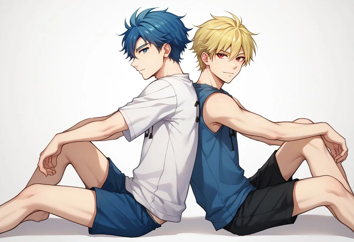 score_9, score_8_up, source_anime, highly detailed,
multiple boys, 2boys, blonde hair, blue hair, blue eyes, sitting, male focus, t-shirt, sleeveless, red eyes, back-to-back,
